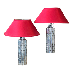 1960s Chrome Faux Bamboo Hollywood Regency Style Table Lamps With Red Shades - a Pair