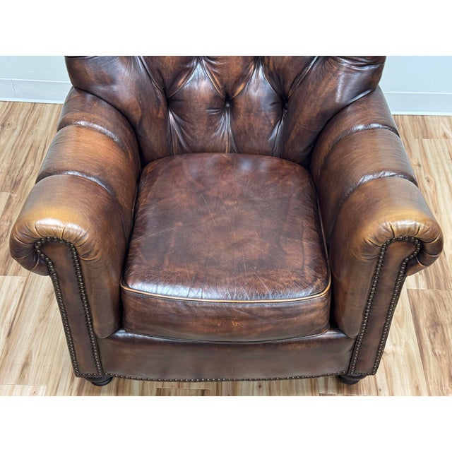 Vintage Bernhardt Tufted Leather Writers Chair With Ottoman For Sale - Image 9 of 18