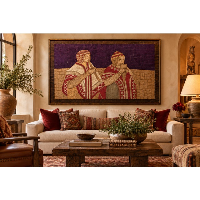 Rustic Oversized Vintage Andean Musicians Banana Leaf Mosaic Folk Art – Purple, Red & Cream For Sale - Image 3 of 17