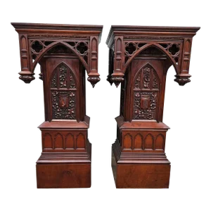 Pair Antique French Victorian Carved Gothic Revival Pedestal Tables