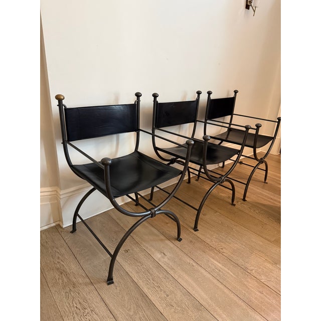 Black Iron & Leather Curule Armchairs — Set of Four, Sold in Pairs or as a Complete Set For Sale - Image 8 of 9