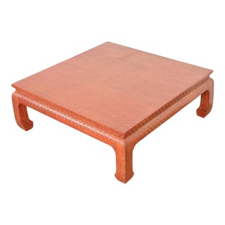 Baker Furniture Mid-Century Modern Hollywood Regency Red Lacquered Grasscloth Coffee Table For Sale