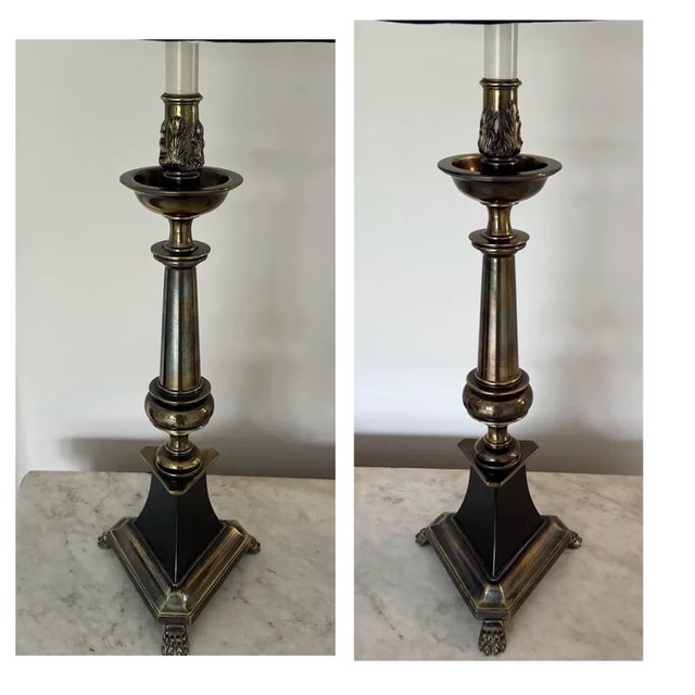 Mid 20th Century Vintage 1960s Stiffel Neoclassical Style Bronze and Black Enamel Table Lamps - A Pair For Sale - Image 5 of 13