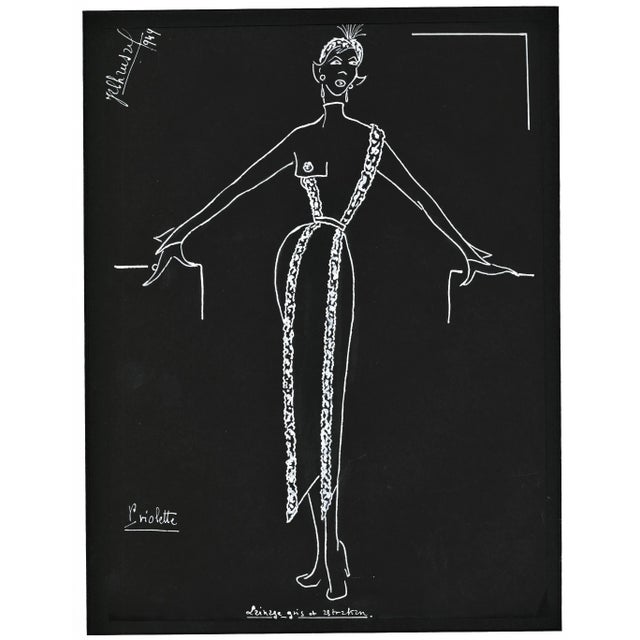 1940s 1949 French Mid-Century Couture Fashion Drawing Signed, Dated, With Documentation, Matted For Sale - Image 5 of 5