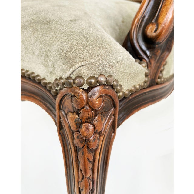 Late 20th Century Italian Chateau d'Ax Carved Armchairs in Suede With Brass NailHeads, Pair For Sale - Image 11 of 16