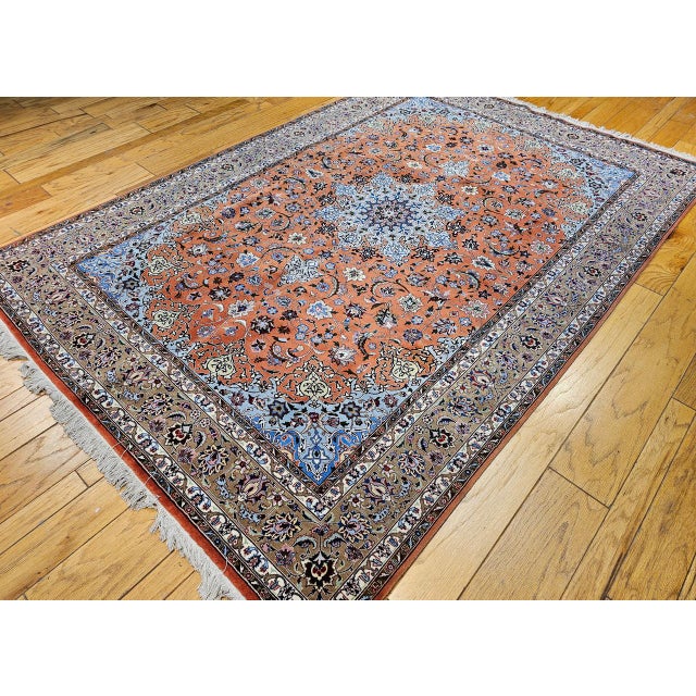 19th Century Persian Tabriz Rug, Hand-Knotted Wool & Silk, Fine Floral Pattern, Terracotta & Blue, 7x10 For Sale - Image 5 of 14