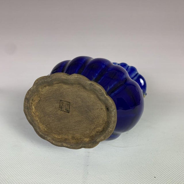 Late 20th Century Vintage Cobalt Blue Glazed Fluted Vase With Double Handles - 8.7" For Sale - Image 5 of 7