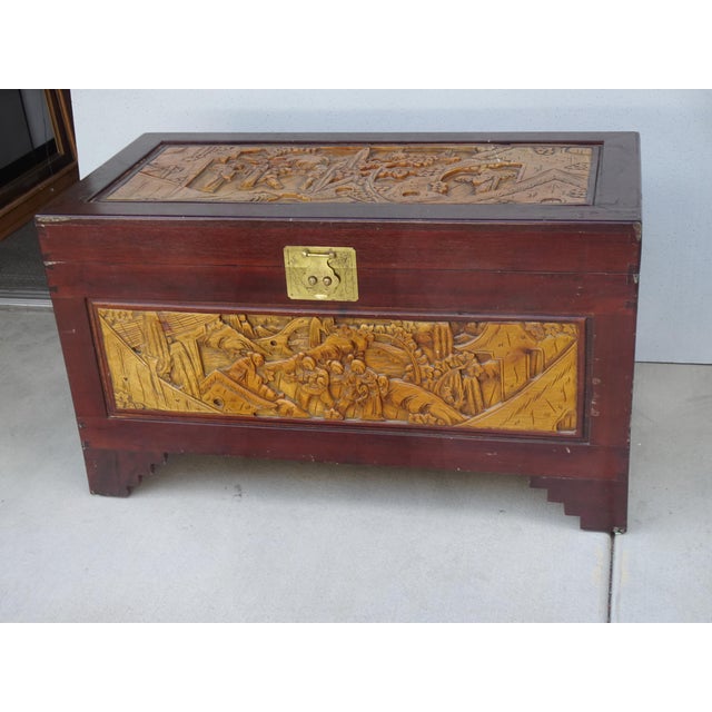 Vintage Chinese Asian Ornately Carved Wood Camphor Dorwy Hope Chest ~ Trunk For Sale - Image 4 of 13