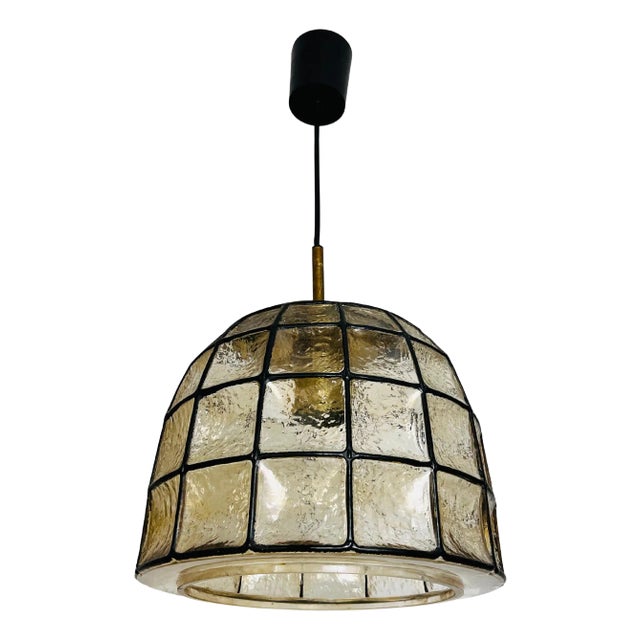 Large Mid-Century Iron and Glass Pendant Lamp by Glashütte Limburg, 1960s For Sale