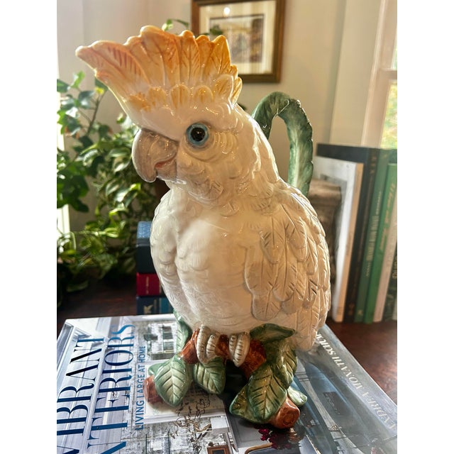 1991 Fitz and Floyd Sulfur Crested Cockatoo Palm Beach Majolica Style Pitcher For Sale - Image 11 of 12
