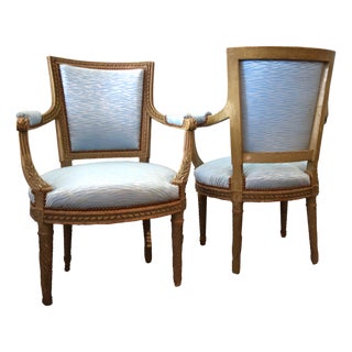 19th Century Pair of Louis XVI Bright Blue Printed Armchairs, 2 Pieces For Sale