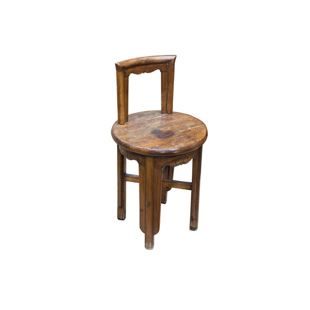 Vintage Rustic Patina Round Seat Cross 4 Legs Wood Bench Stool Table For Sale - Image 4 of 11