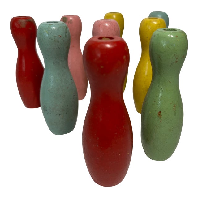 Vintage Tabletop Bowling Pins Set/9 For Sale