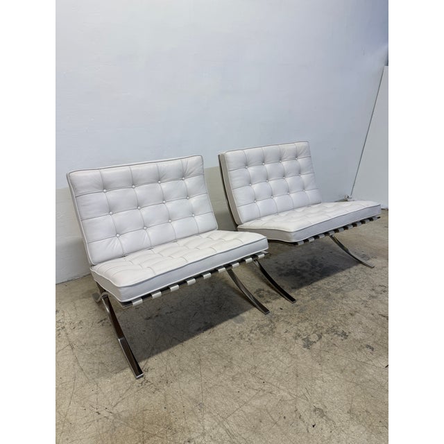 Knoll Ludwig Mies Van Der Rohe White Leather Barcelona Chairs for Knoll - A Pair For Sale - Image 4 of 17