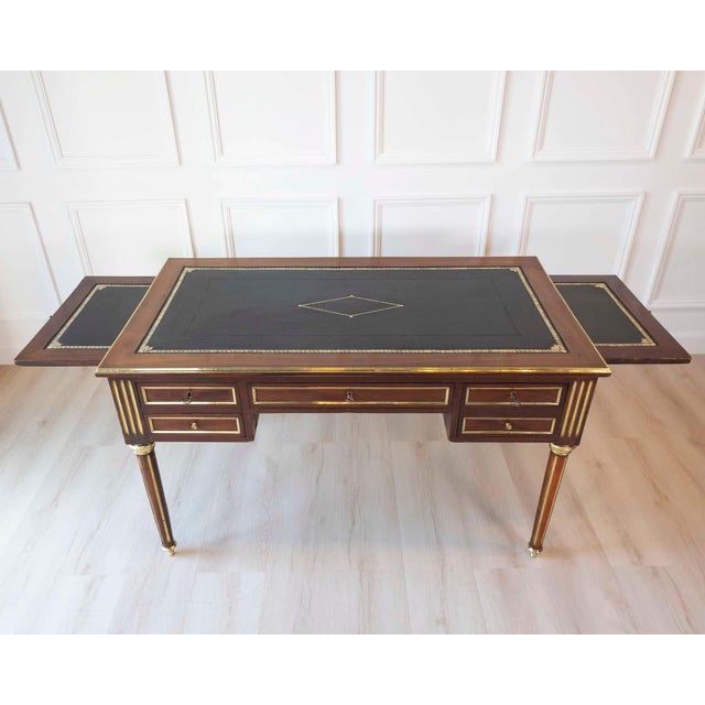 Wood Louis XVI-Style Double-Sided Wood and Brass Bureau Plat with Leather Top For Sale - Image 7 of 13