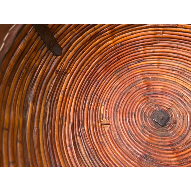 Vintage 17.5” Handmade Primitive Pencil Rattan Basket With Leather Rim For Sale - Image 12 of 12