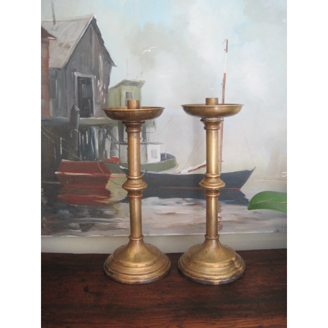 Early 1900s Brass Aged Patina Tall Church Altar Candle Holders A Pair Chairish