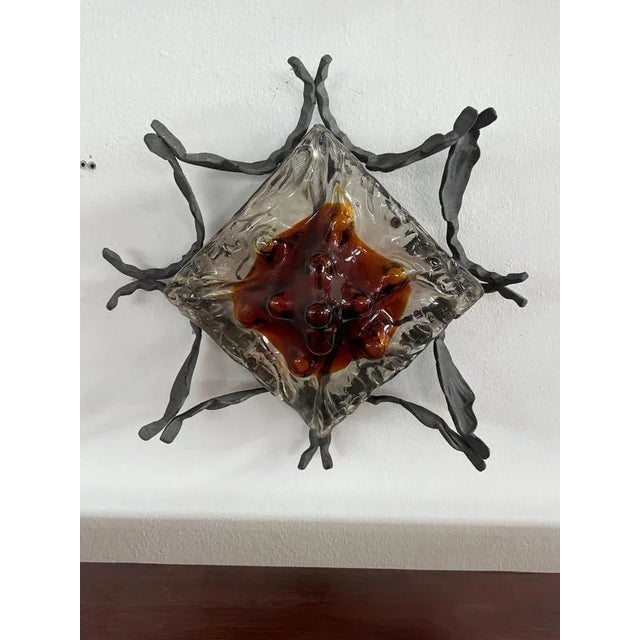 Vintage Wall Lamp with Iron Base and Glass Lampshade in Mazzega Style, 1970s For Sale - Image 10 of 10