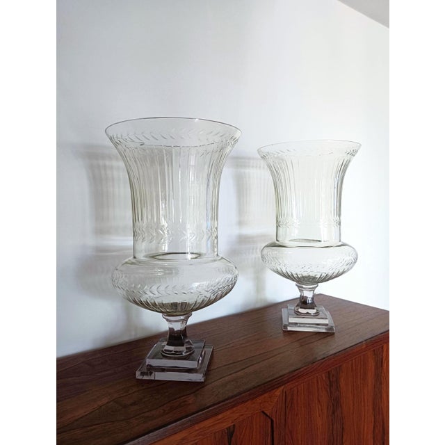 Large Antique French Belle Epoque Glass Crater Amphora Vases in the style of Baccarat, 1900s, Set of 2 For Sale - Image 4 of 14