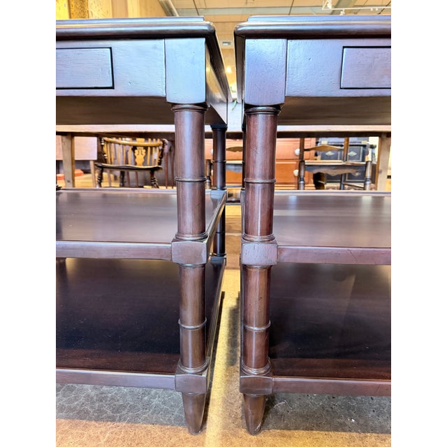 Late 20th Century Pair of Regency Style Mahogany Burl Inlay Side Tables For Sale In New York - Image 6 of 11