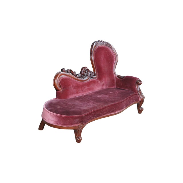 Victorian 1970s Miniature Victorian Revival Red Velvet & Carved Mahogany Chaise Lounge Dog Bed For Sale - Image 3 of 13