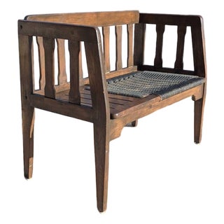 Mid-Century Wood Bench With Black Woven Strap Seat For Sale