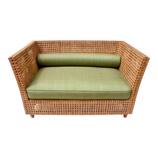 Organic Modern Cane & Teak Settee in Sunbrella Upholstery For Sale