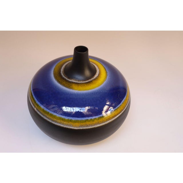 Large ceramic vase in deep gray/ slate matte with glazed blue, white and yellow banding (ca. 1970s, Italy). Attractive...