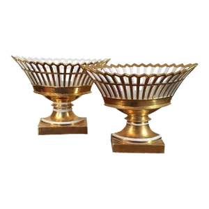 Large Antique Early 19th C. French Empire Paris Porcelain Gilt Reticulated Centerpiece Baskets or Corbeilles on Stands - an Assembled Pair
