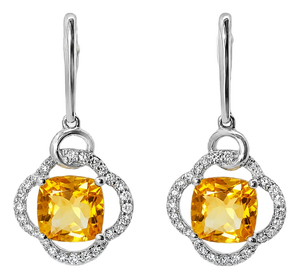 Late 20th Century Pair of 18K White Gold Diamond Citrine Hanging Earrings