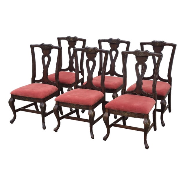 Mid-20th Century Lane Rustic Floral Paint Decorated Walnut Dining Chairs, Set of 6 For Sale