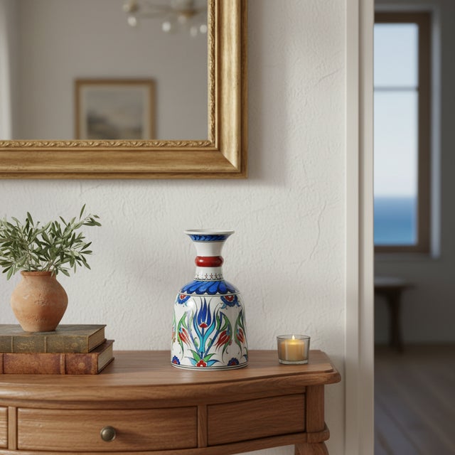 Traditional Handmade Ceramic “Bell” Vase (20cm) – Blue Tulips & Red Neck Ring – Traditional Bell Form For Sale - Image 3 of 9