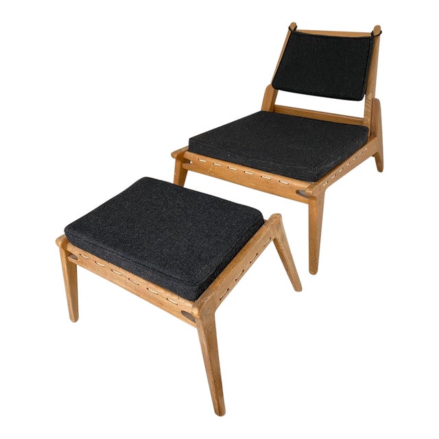 Beautiful Mid-Century Oak Swedish/Scandinavian Hunting Chair + Ottoman, Set of 2 For Sale