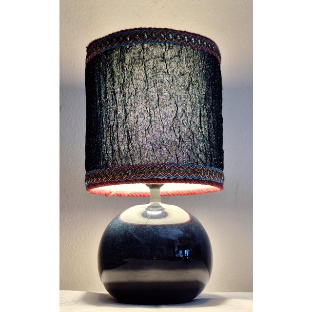 1990s Vintage Table Lamp with Dark Blue Ceramic Base and Fabric Shade, 1990s For Sale - Image 5 of 8