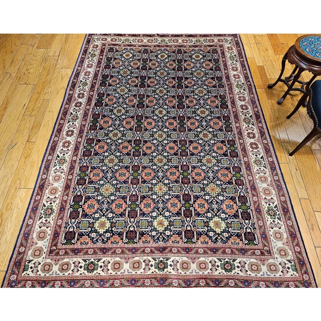 Vintage Persian Tabriz Afshan Rug, Handwoven Geometric Caucasian Pattern, Navy & Ivory, 7’ X 10’ For Sale - Image 12 of 12