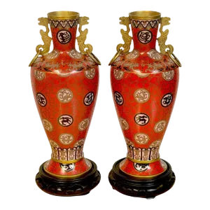 Mid 20th Century Chinese Red Cloisonné Zodiac Vases With Stands - a Pair