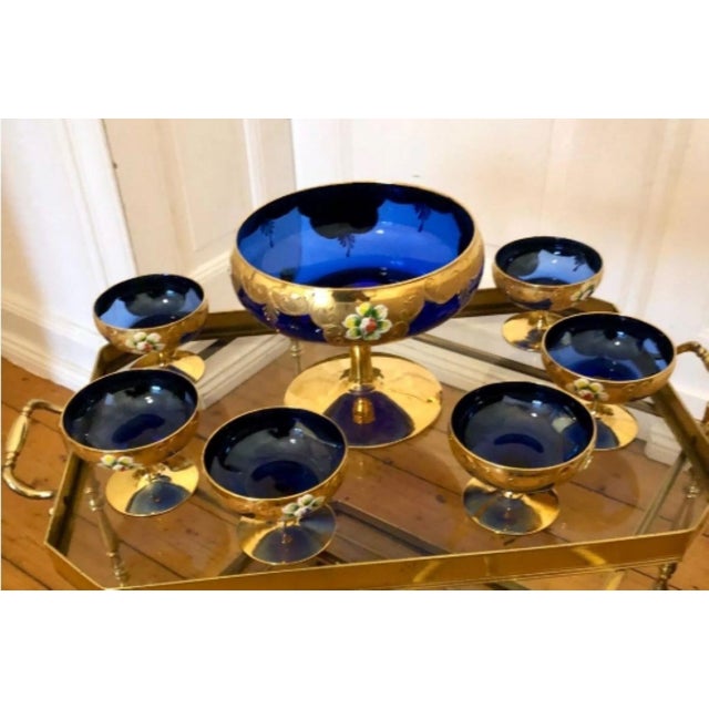 Vintage Venetian Tre-Fuochi Murano Dessert Set with Fruit Goblet and Coupes in Cobalt Blue and 24kt Gold-Plated Enamel, 1920s, Set of 7 For Sale - Image 3 of 9