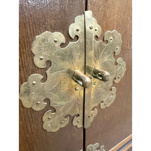 Vintage Japanese Tansu Style Oak and Engraved Brass Cabinet For Sale - Image 9 of 10