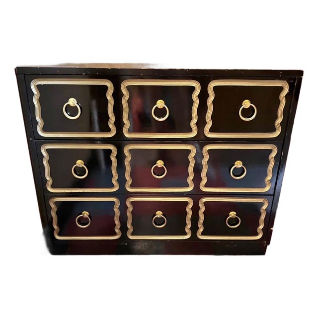 1950’s Attributed to Dorothy Draper Espana Line Mid Century Modern Chest of Drawers. Black Lacquer Made of Cherry For Sale