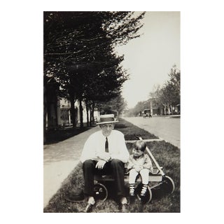 Early 20th Century Snapshot Photograph Dad Child in Toy Wagon For Sale
