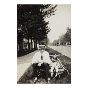 Early 20th Century Snapshot Photograph Dad Child in Toy Wagon