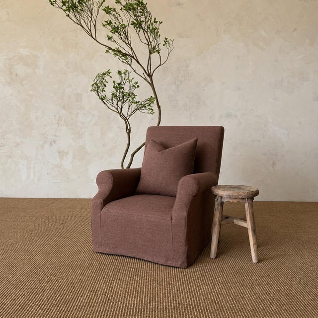 Traditional Regent Chair Slip Covered in Belgian Linen- Dark Rust For Sale - Image 3 of 10