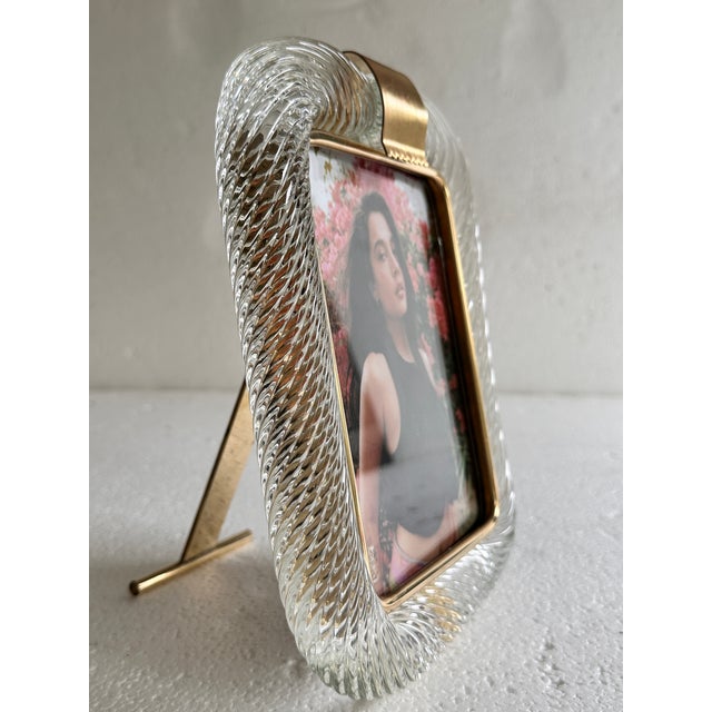 Glass Mid-Century Modern Style Transparent “Torchon” Murano Glass Picture Frame and Unaquered Brass For Sale - Image 7 of 9