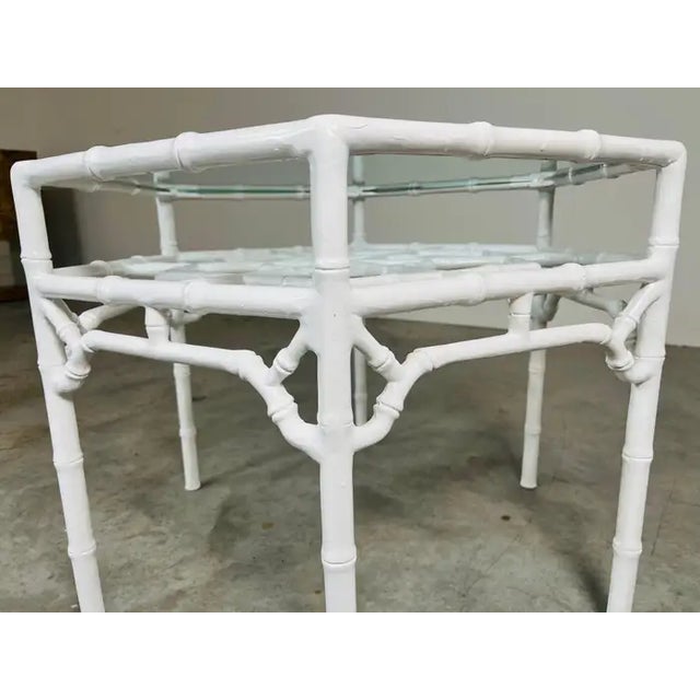 Glass Vintage Chinese Chippendale Faux Bamboo White Lacquered Cocktail Center Table For Sale - Image 7 of 8
