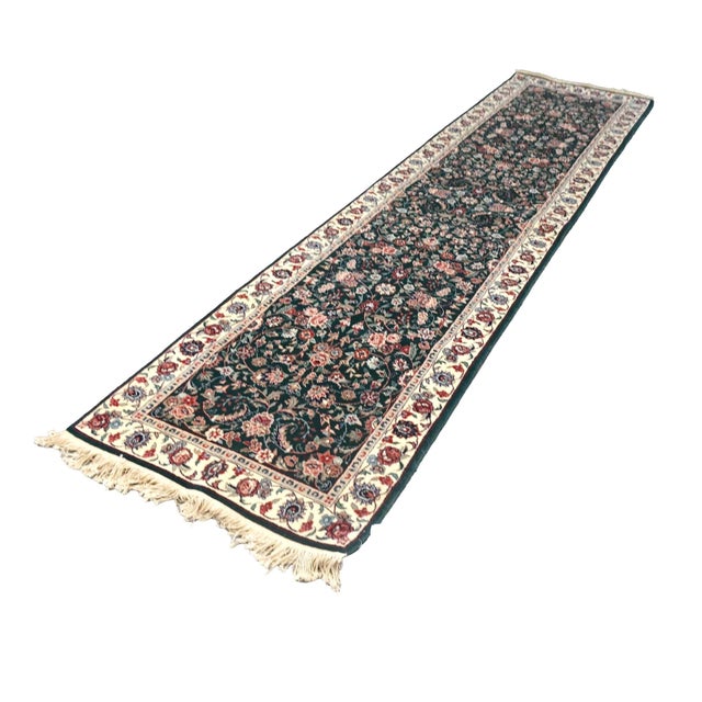 Persian Persian Kashan Wool 3X11 Emerald Green, Ivory & Red Handmade Runner Rug #9900901 For Sale - Image 3 of 6