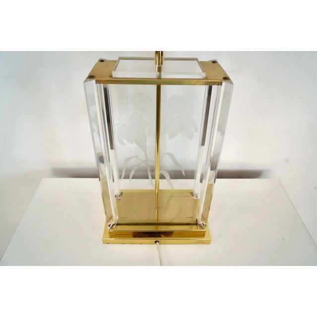 Transparent 1980’s Hollywood Regency Etched Glass, Brass, & Lucite Table Lamp by Fredrick Ramond For Sale - Image 8 of 12