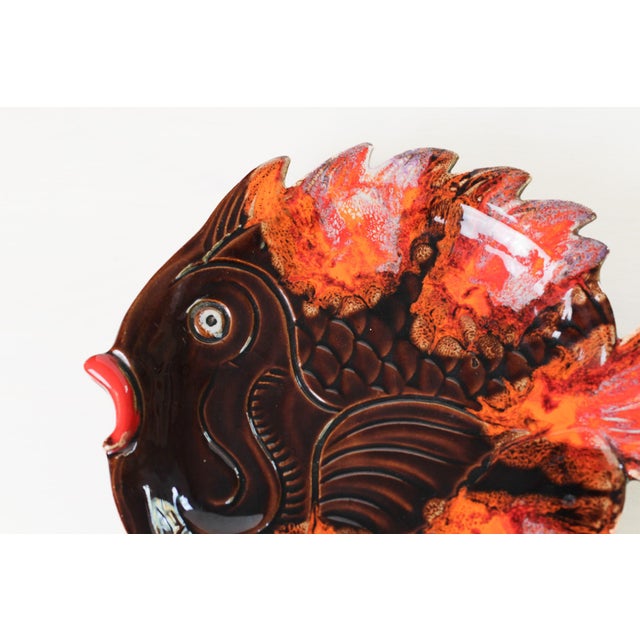 Mid 20th Century Vallauris French Pottery Fish Platter in Orange and Brown Glaze For Sale - Image 9 of 16