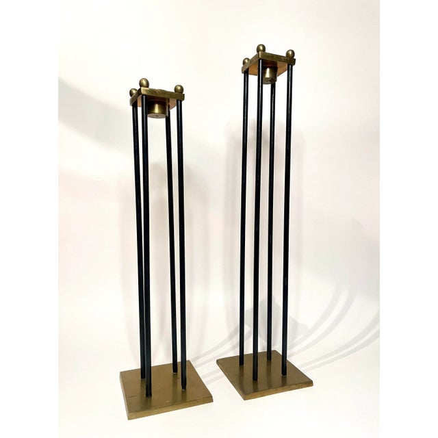 Mid Century Transitional Black Metal and Brass Candlesticks, a Pair For Sale - Image 9 of 12