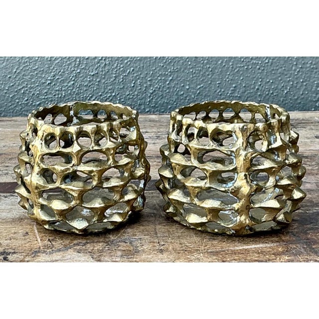 Vintage Brutalist Brass Candle Holders - Pair For Sale - Image 10 of 12