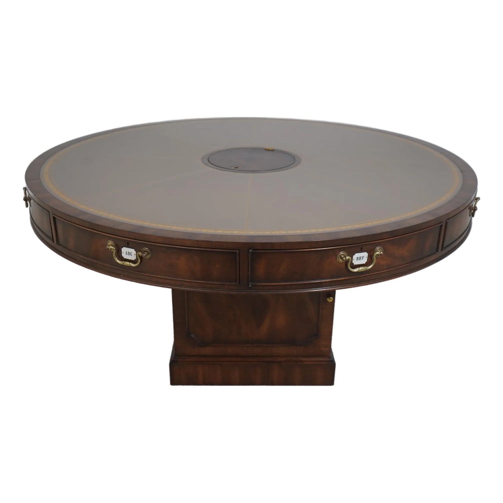 English Style Large Mahogany Round Leather Top Rent Table | Chairish